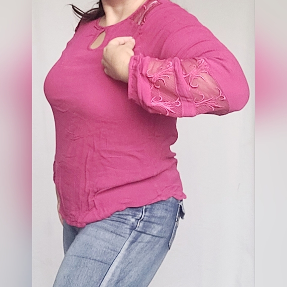 Lee Women's 100% Rayon Mesh Embriodered Boho Blouse Barbie Pink 1X - Picture 5 of 16